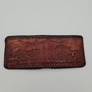 Vintage Hand Tooled Leather Men's Wallet Cowboy Horse Pulling Wagon Scene